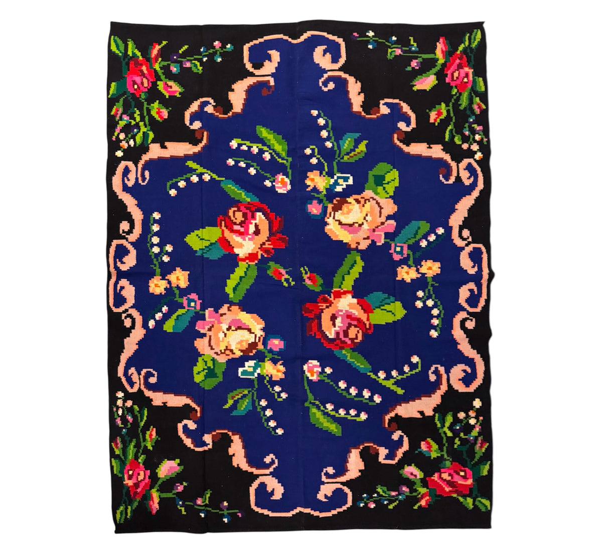 Vintage Blue Floral Transylvanian Wool Rug, 200x145 cm