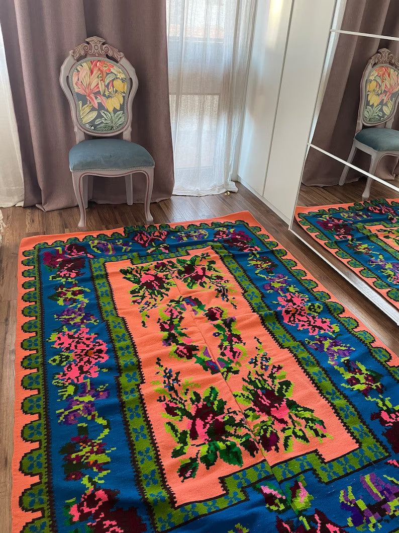 Vintage Salmon Floral Transylvanian Wool Rug, 215x152 cm, view 3