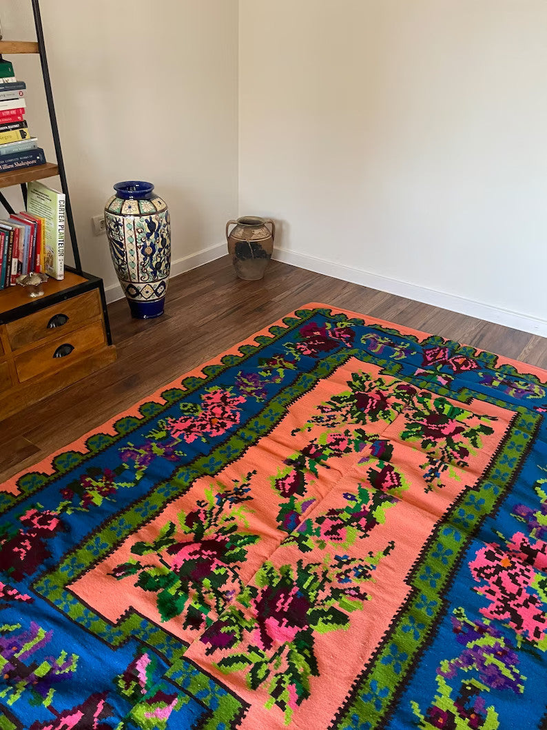 Vintage Salmon Floral Transylvanian Wool Rug, 215x152 cm, view 4