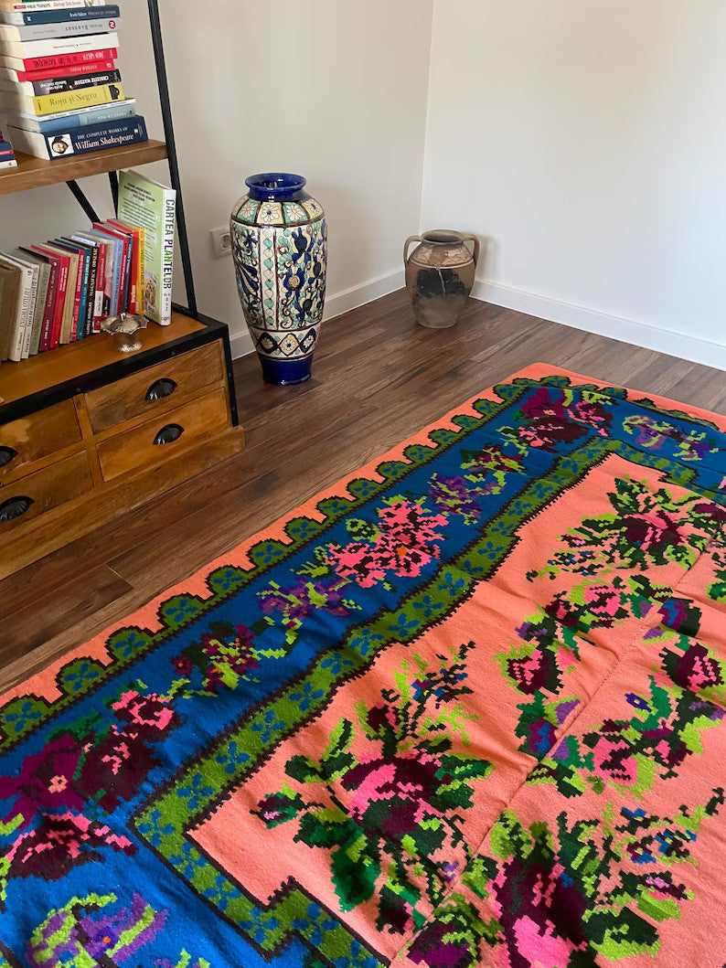 Vintage Salmon Floral Transylvanian Wool Rug, 215x152 cm, view 5