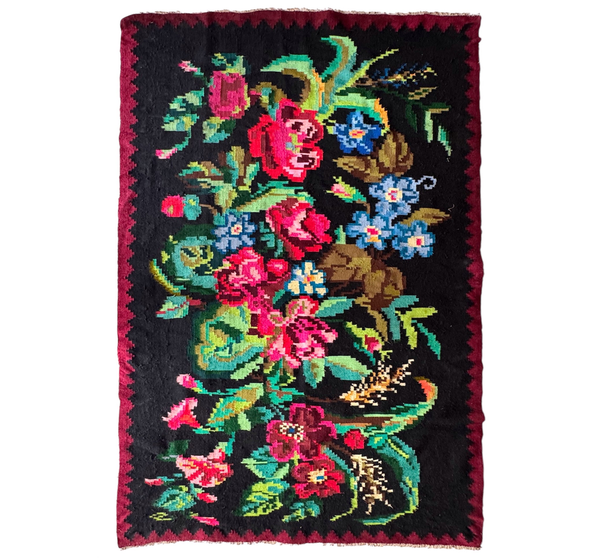 Vintage Black Floral Transylvanian Wool Rug, 230x145 cm