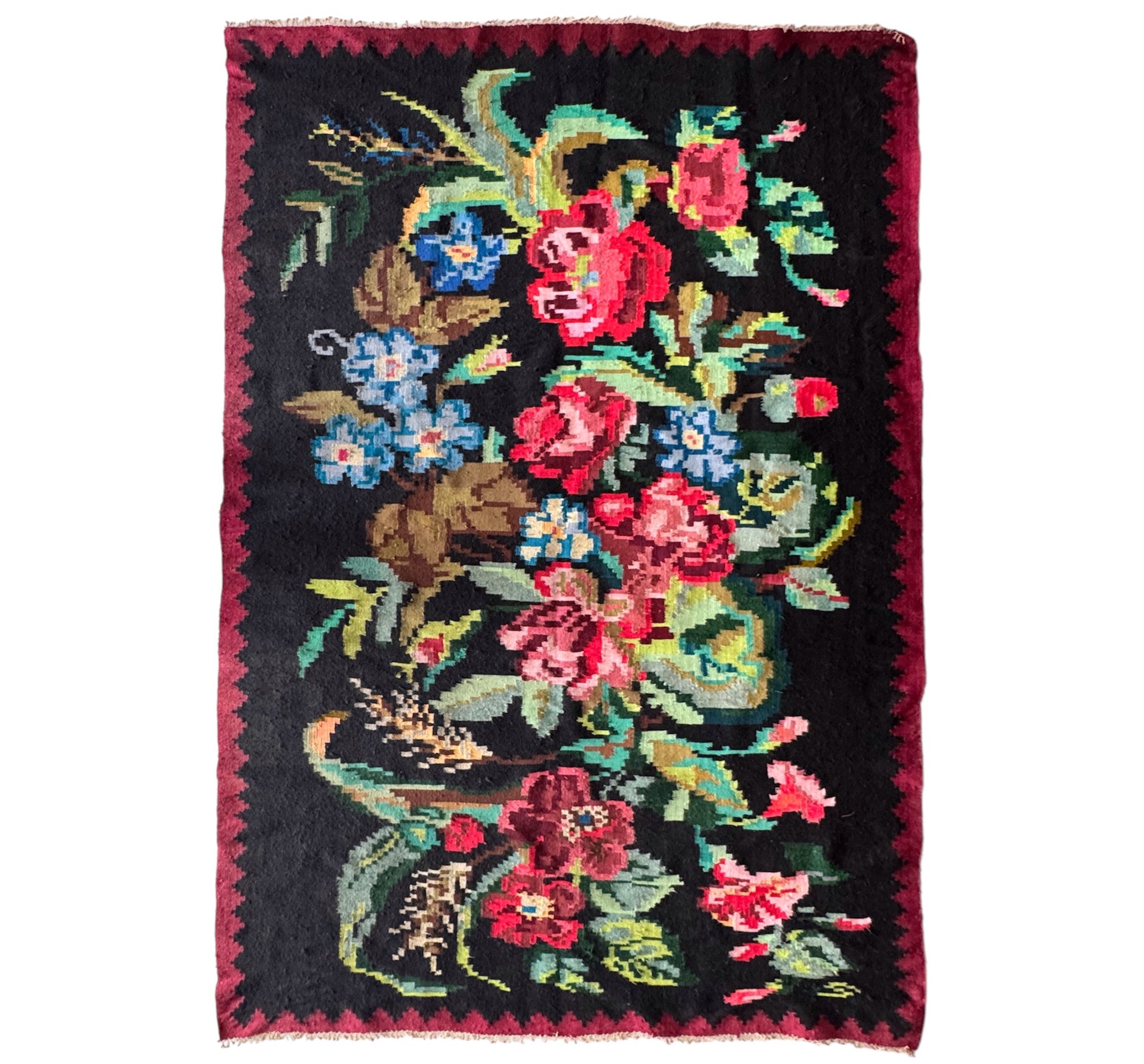 Vintage Black Floral Transylvanian Wool Rug, 230x145 cm, view 2