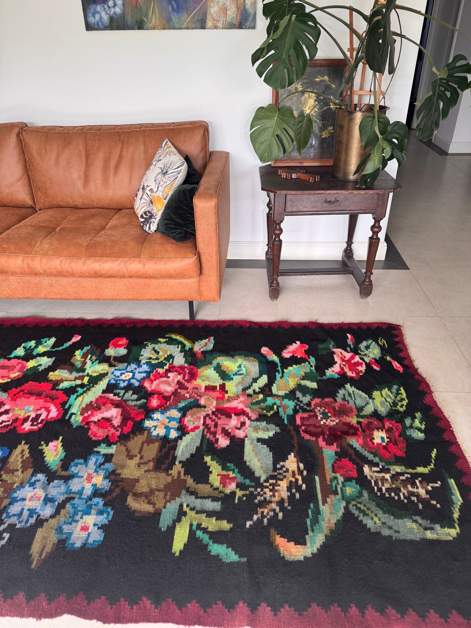 Vintage Black Floral Transylvanian Wool Rug, 230x145 cm, view 6