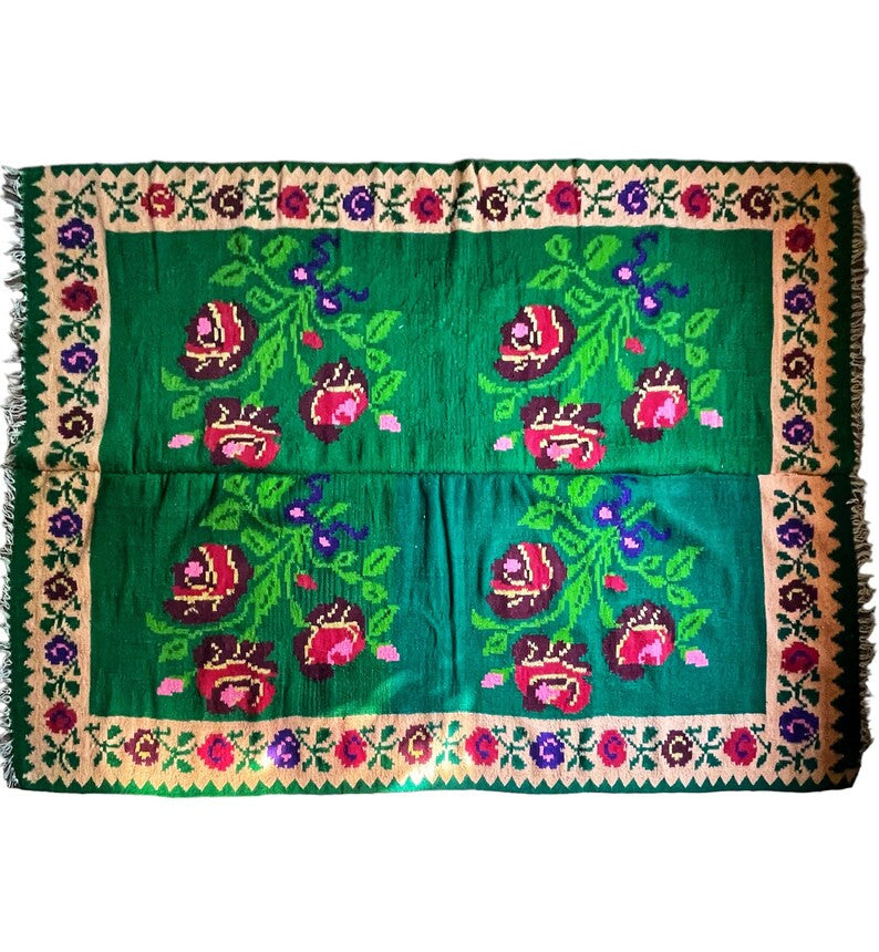 Vintage Green Floral Romanian Wool Rug, 236x166 cm