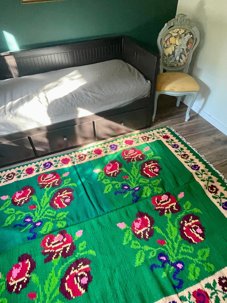 Vintage Green Floral Romanian Wool Rug, 236x166 cm, view 3