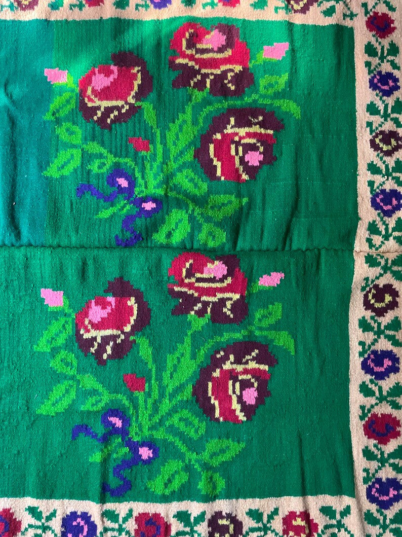 Vintage Green Floral Romanian Wool Rug, 236x166 cm, view 7