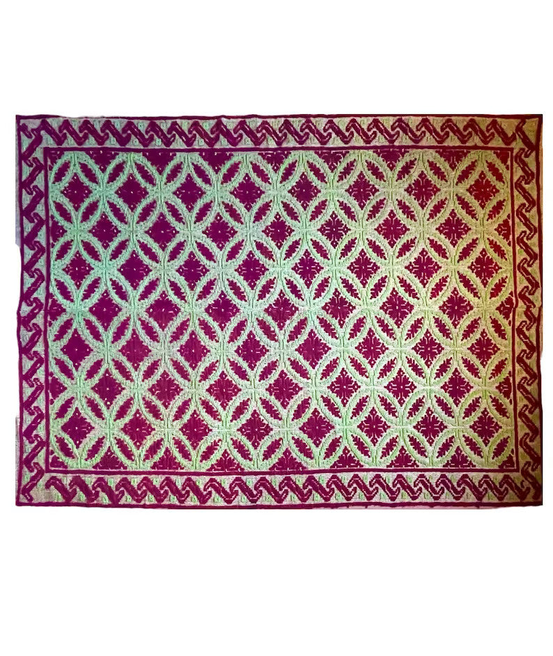 Vintage Green Geometric Romanian Wool Rug, 290x180 cm