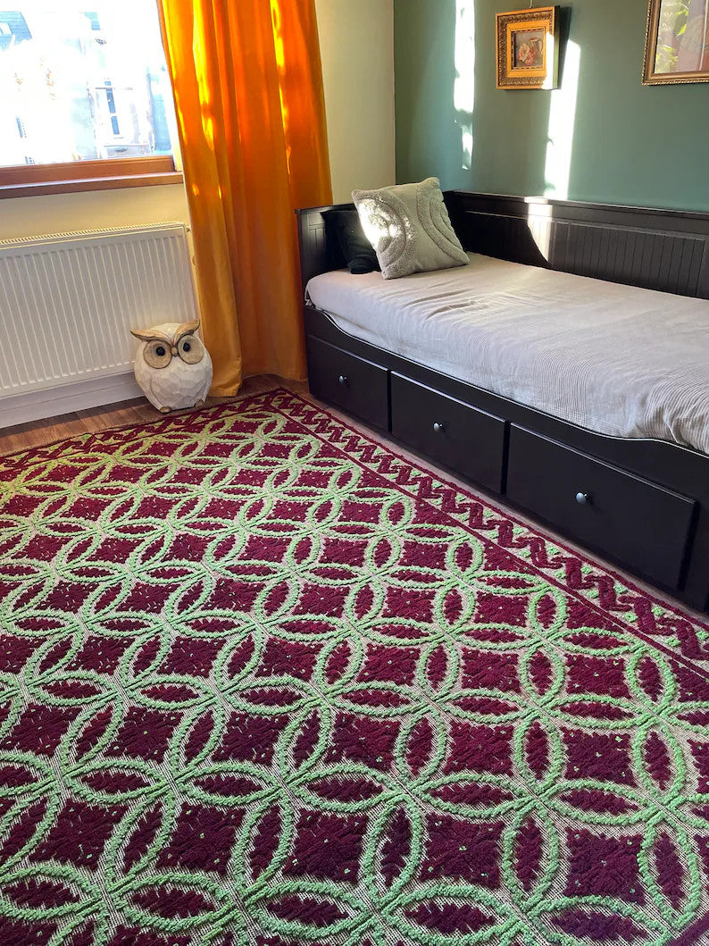 Vintage Green Geometric Romanian Wool Rug, 290x180 cm, view 4