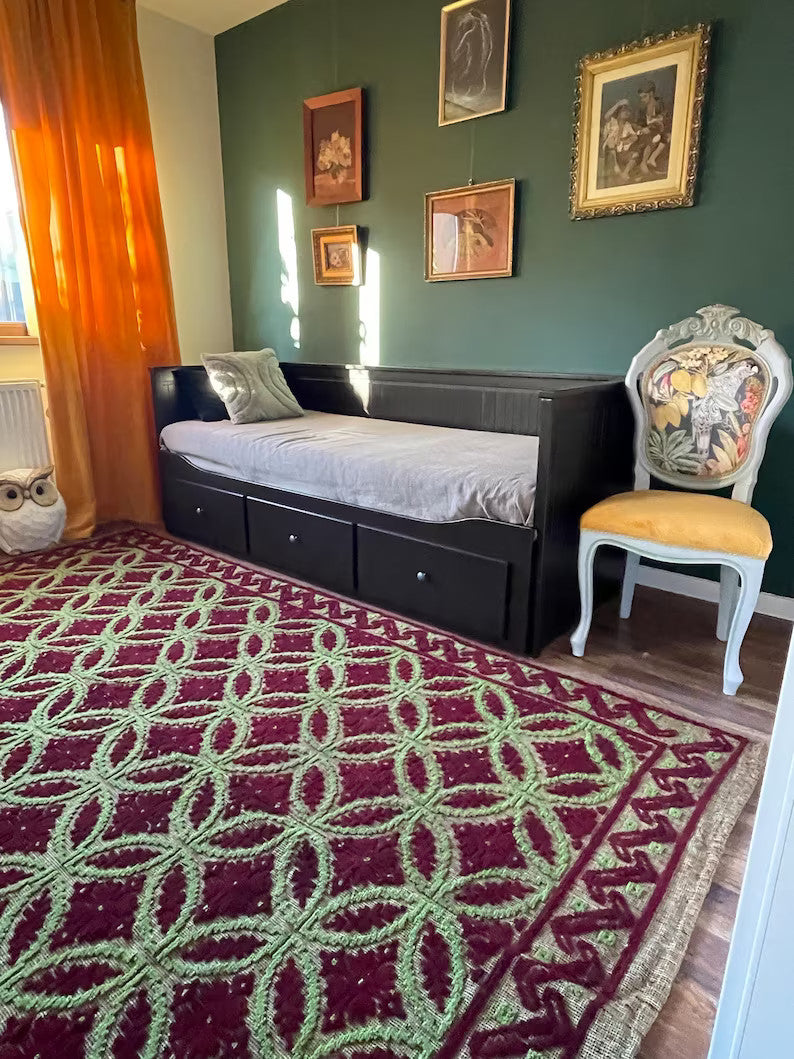 Vintage Green Geometric Romanian Wool Rug, 290x180 cm, view 5