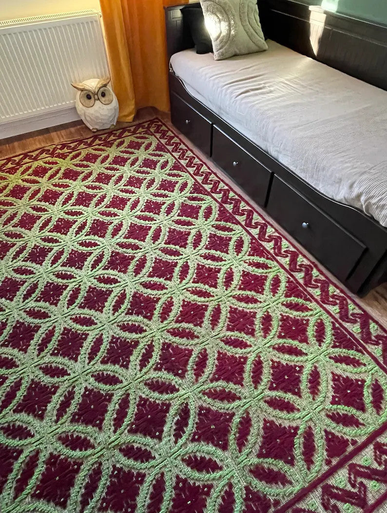 Vintage Green Geometric Romanian Wool Rug, 290x180 cm, view 6