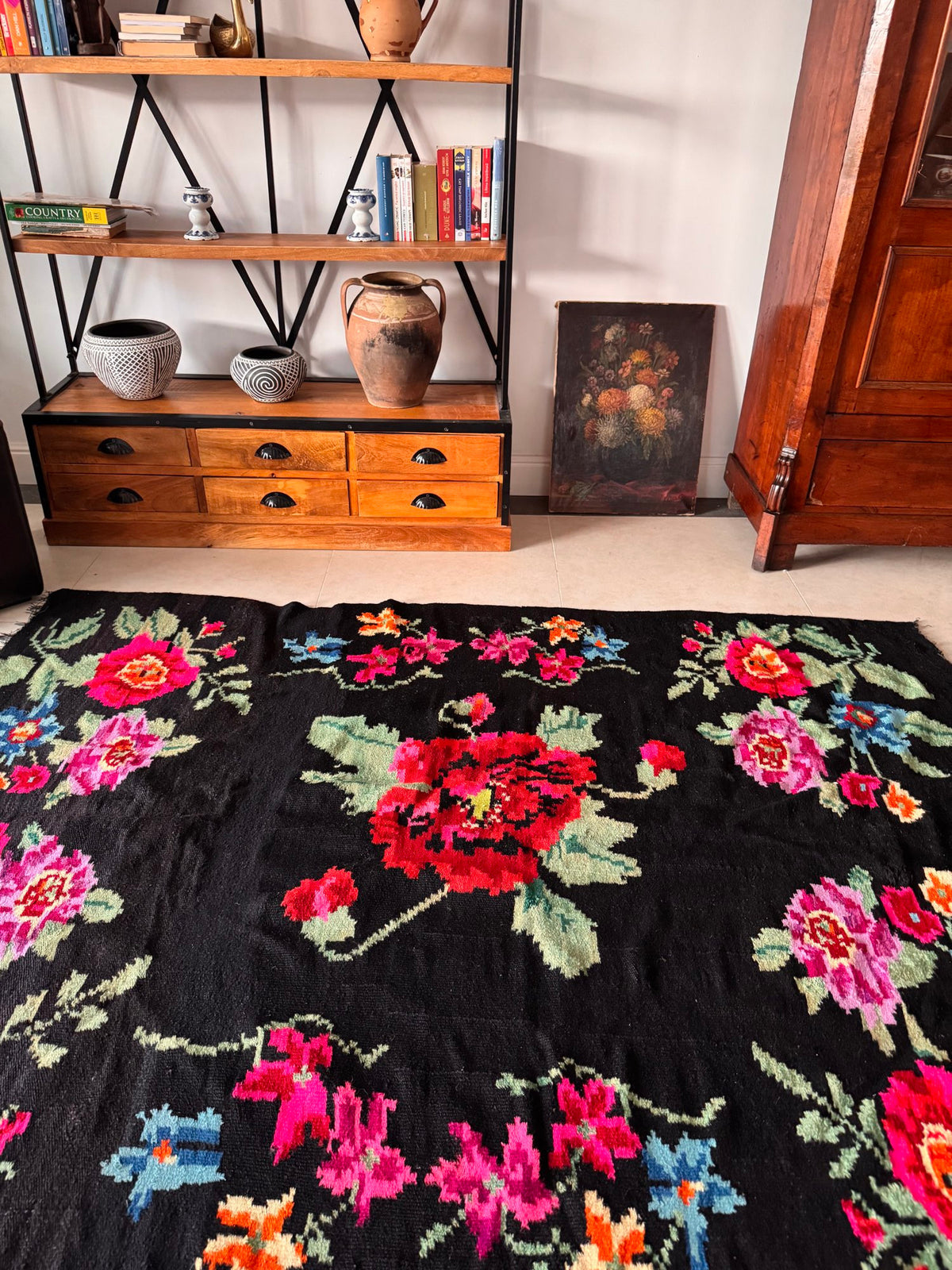 Vintage Black Floral Maramureș Wool Rug, 205x150 cm, view 2