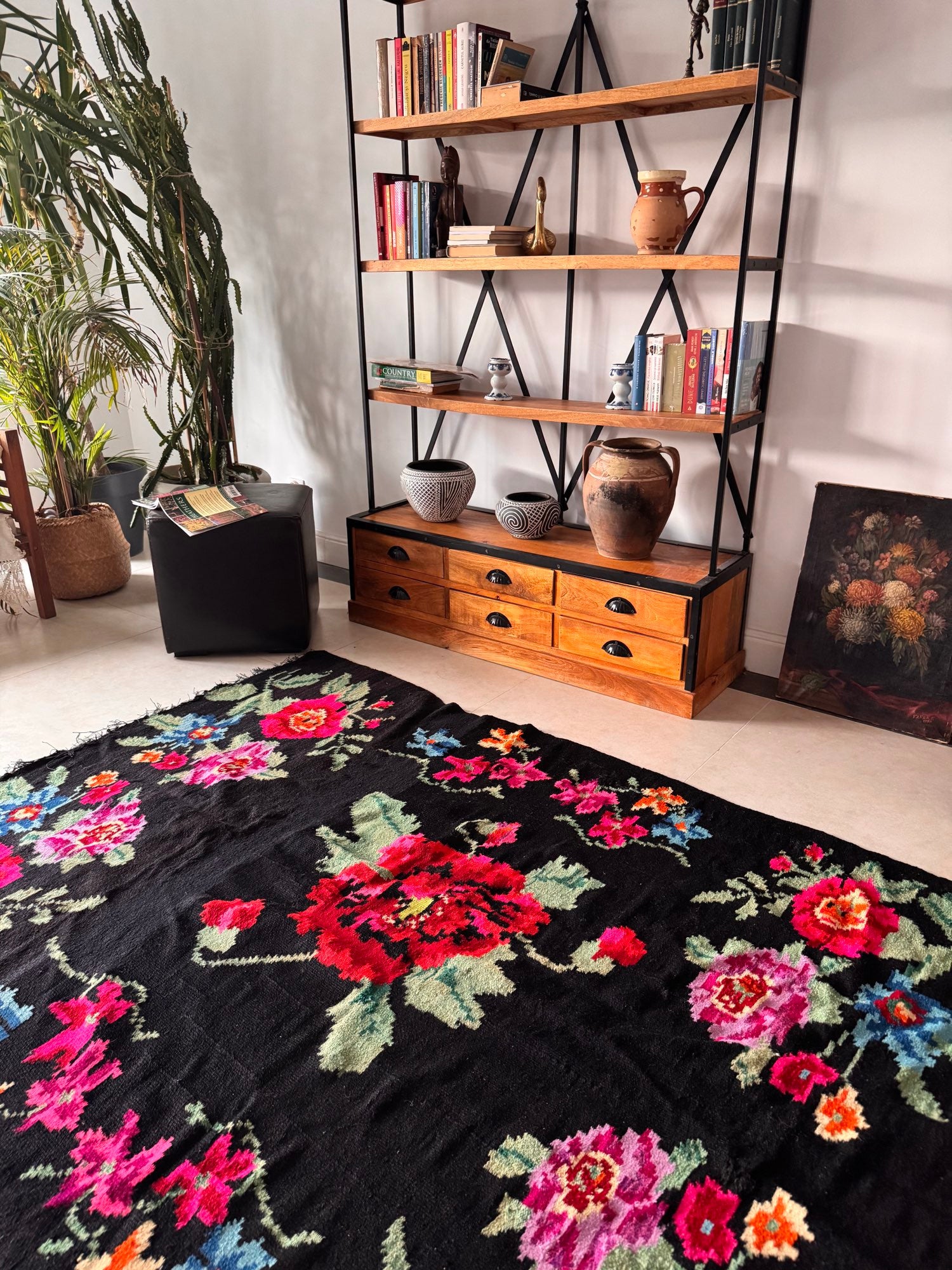 Vintage Black Floral Maramureș Wool Rug, 205x150 cm, view 4