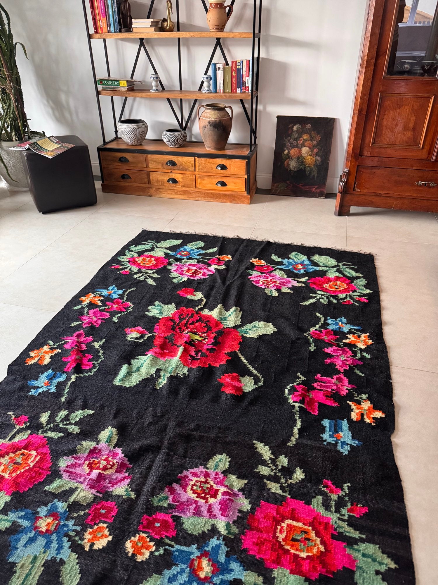 Vintage Black Floral Maramureș Wool Rug, 205x150 cm, view 5